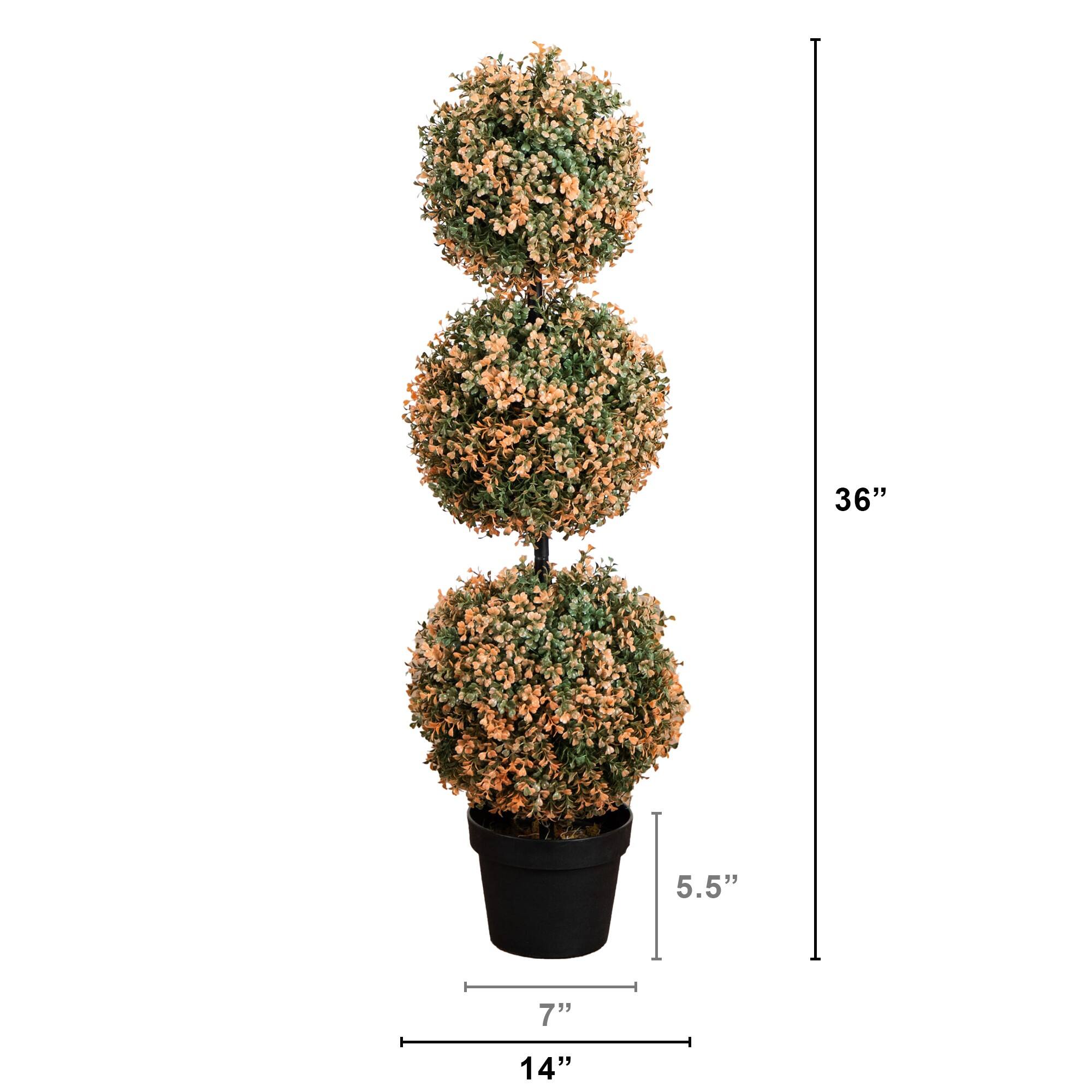 3ft. UV Resistant Autumn Triple Ball Boxwood Artificial Fall Topiary Tree with 30 Warm White LED Lights (Indoor/Outdoor)